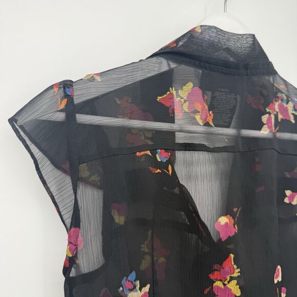 Attention Black Multi Floral Sheer Button Blouse Top Bow Tie Size XS - Picture 8 of 8